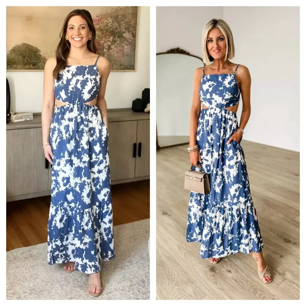 [Abercrombie & Fitch] Blue Crinkle Cutout High Neck Maxi Dress Pockets Size XLP